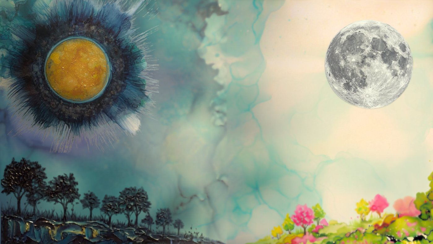 A painting that walks from dusk — a gold sun over a dark treeline — into daylight, with a moon over a blooming hillside.