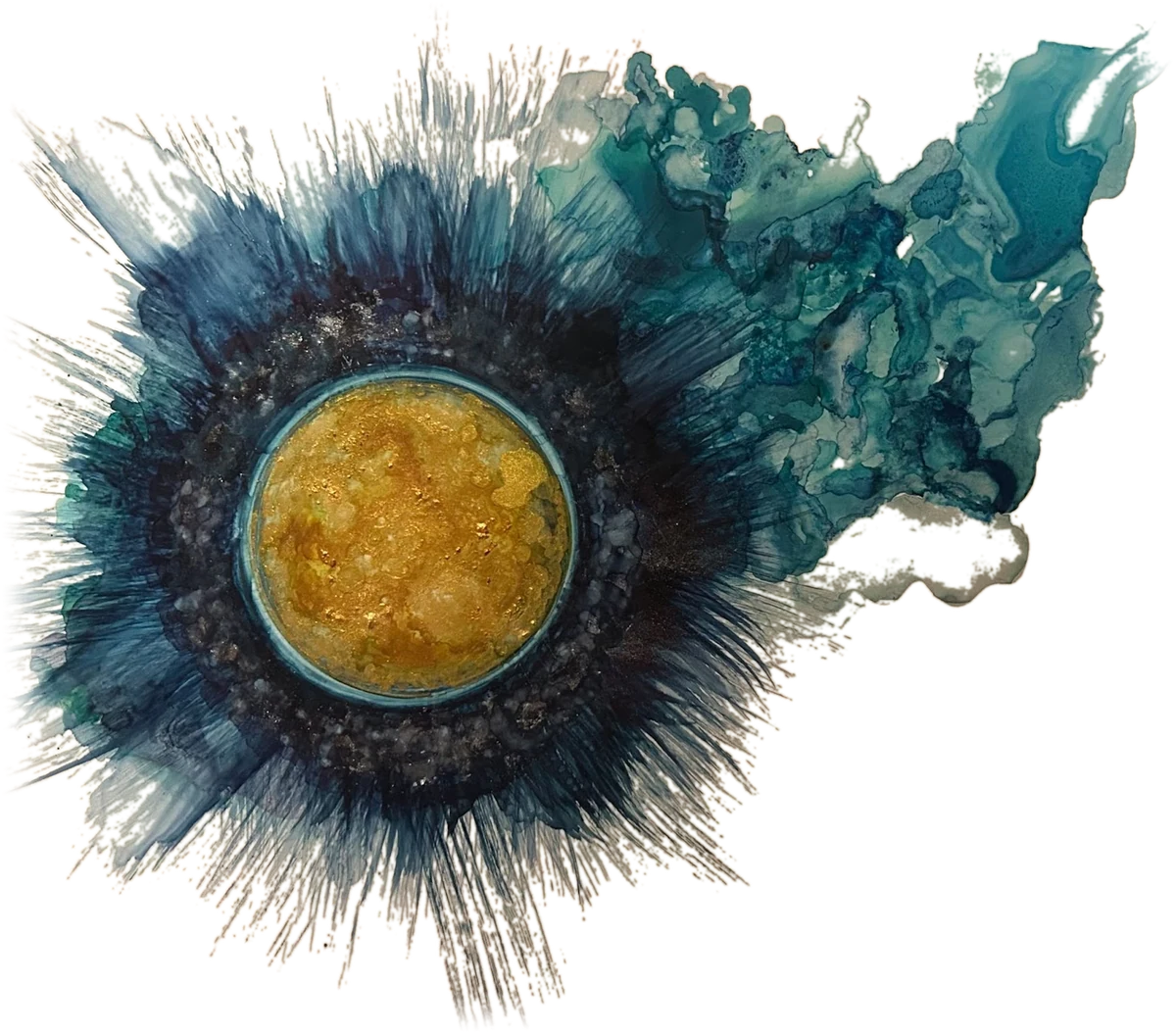 A painting by Logen Melville — a gold disc ringed in deep blue and teal.